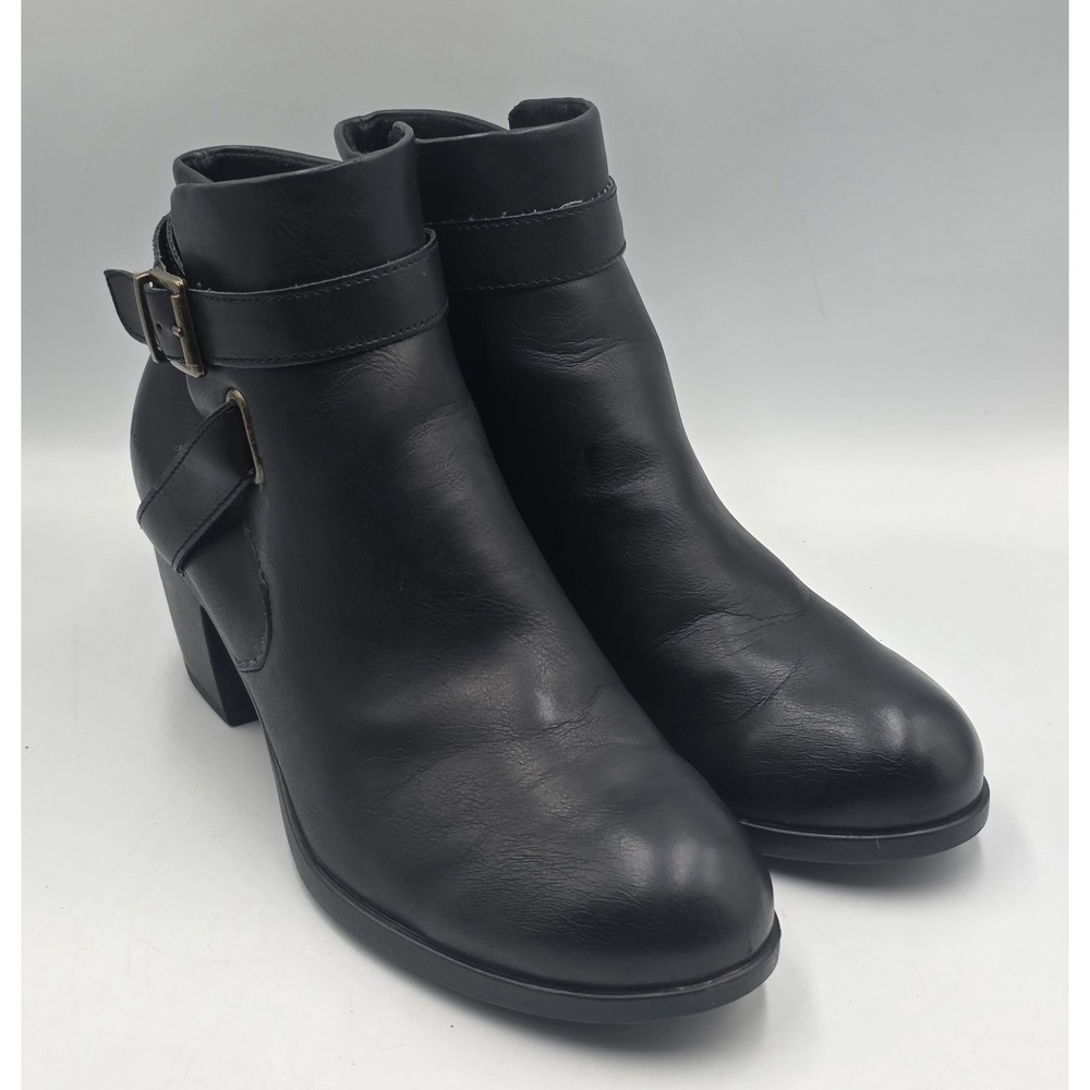 B.O.C Black Leather Ankle Booties Womens 8.5M Zip Buckle Shea Comfort Boots